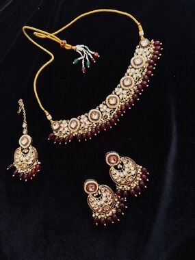 Gold and Maroon Traditional Kundan Necklace Set - Women Jewelry